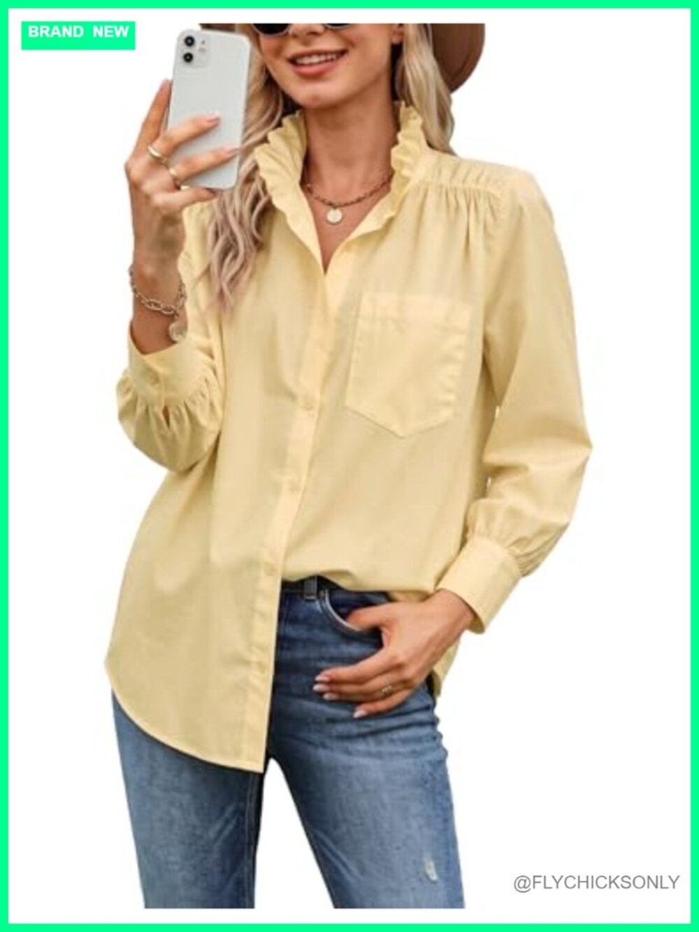 Women Ruffle Collar Long Sleeve Button Down Shirt Cotton Loose Fit Blouse